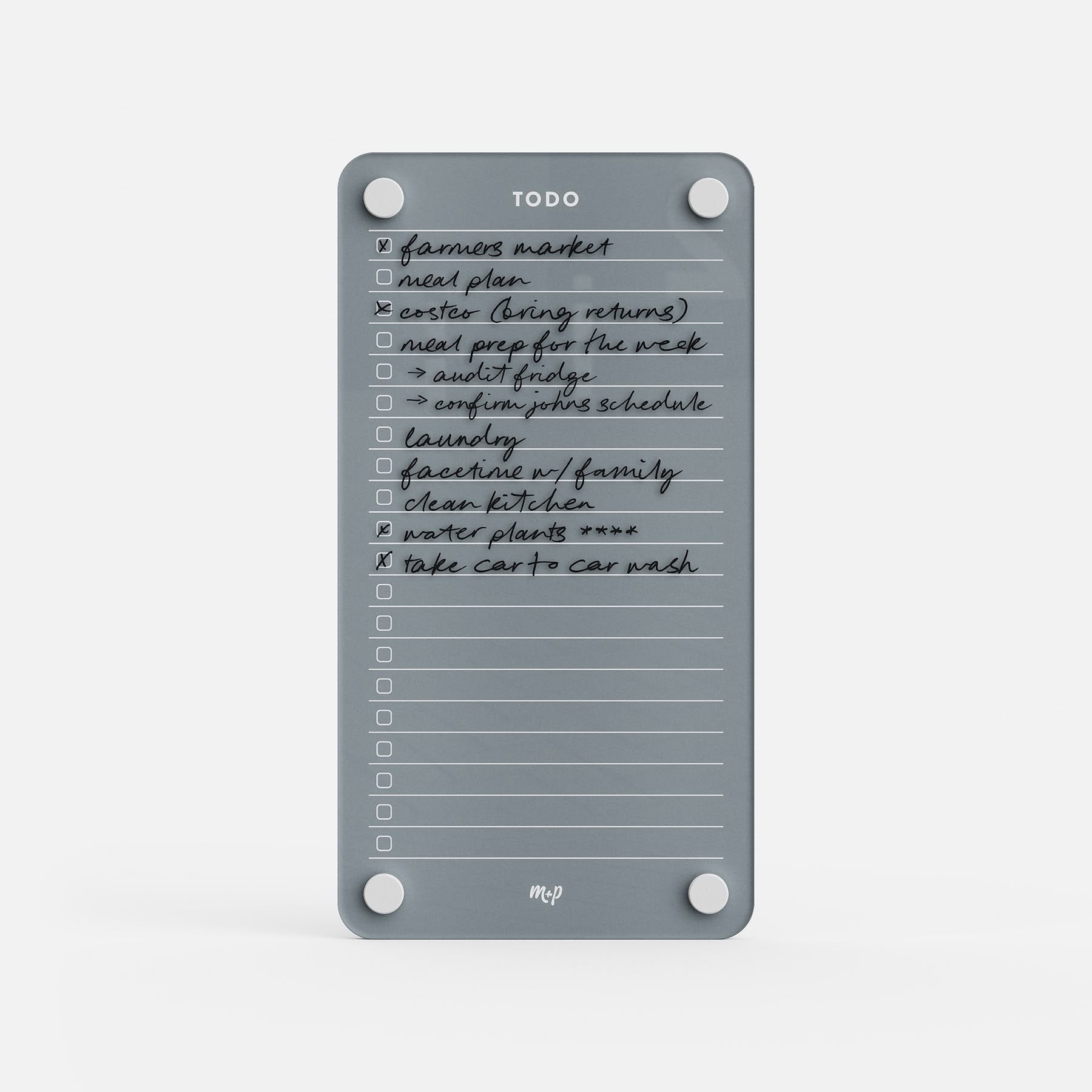 Todo List 59: Gray magnetic board for organizing tasks. Tasks in black ink—“farmers market, meal plan, water plants, take car to car wash”—with multiple empty checkboxes for easy tracking.