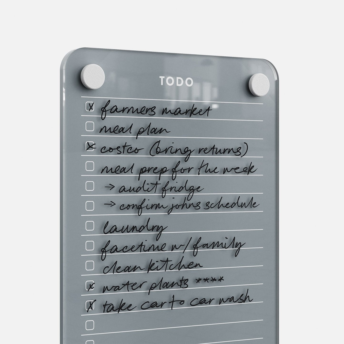 Todo List 59 is a glass dry-erase board featuring handwritten tasks like farmers market, meal plan, Costco (bring returns), audit fridge, confirm John's schedule, laundry, FaceTime family—ideal for daily organization and task management.