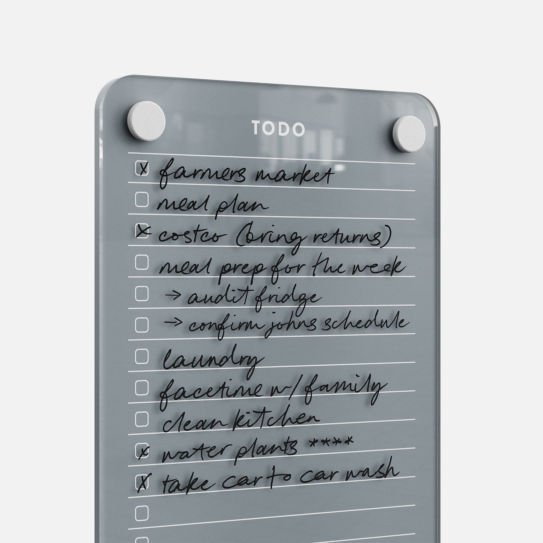 Todo List 59 is a glass dry-erase board featuring handwritten tasks like farmers market, meal plan, Costco (bring returns), audit fridge, confirm John's schedule, laundry, FaceTime family—ideal for daily organization and task management.
