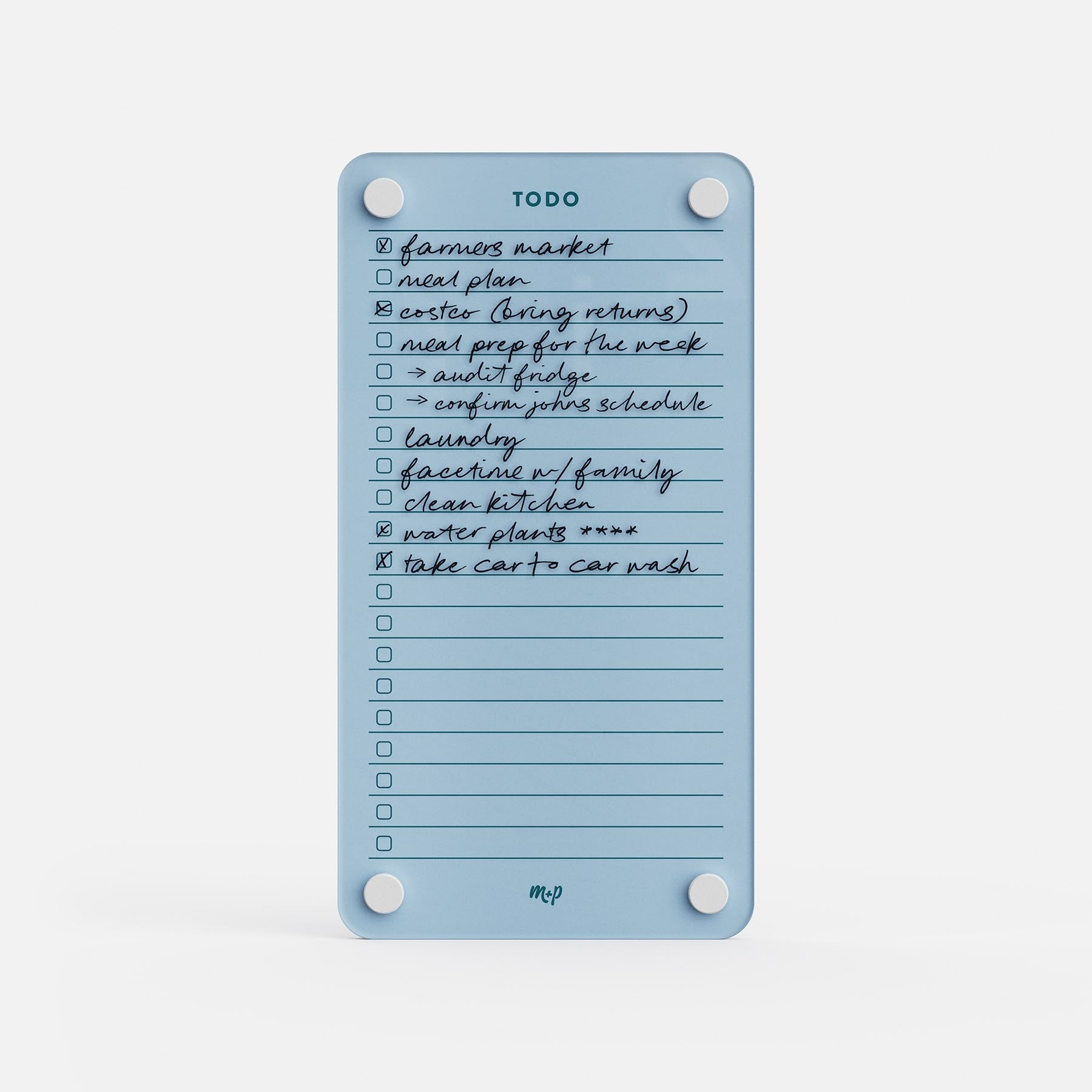 Todo List 59 is a blue magnetic daily organizer featuring handwritten tasks like farmers market, meal plan, Easter returns, and laundry. Some items are checked off on this handy to-do board for easy task management.