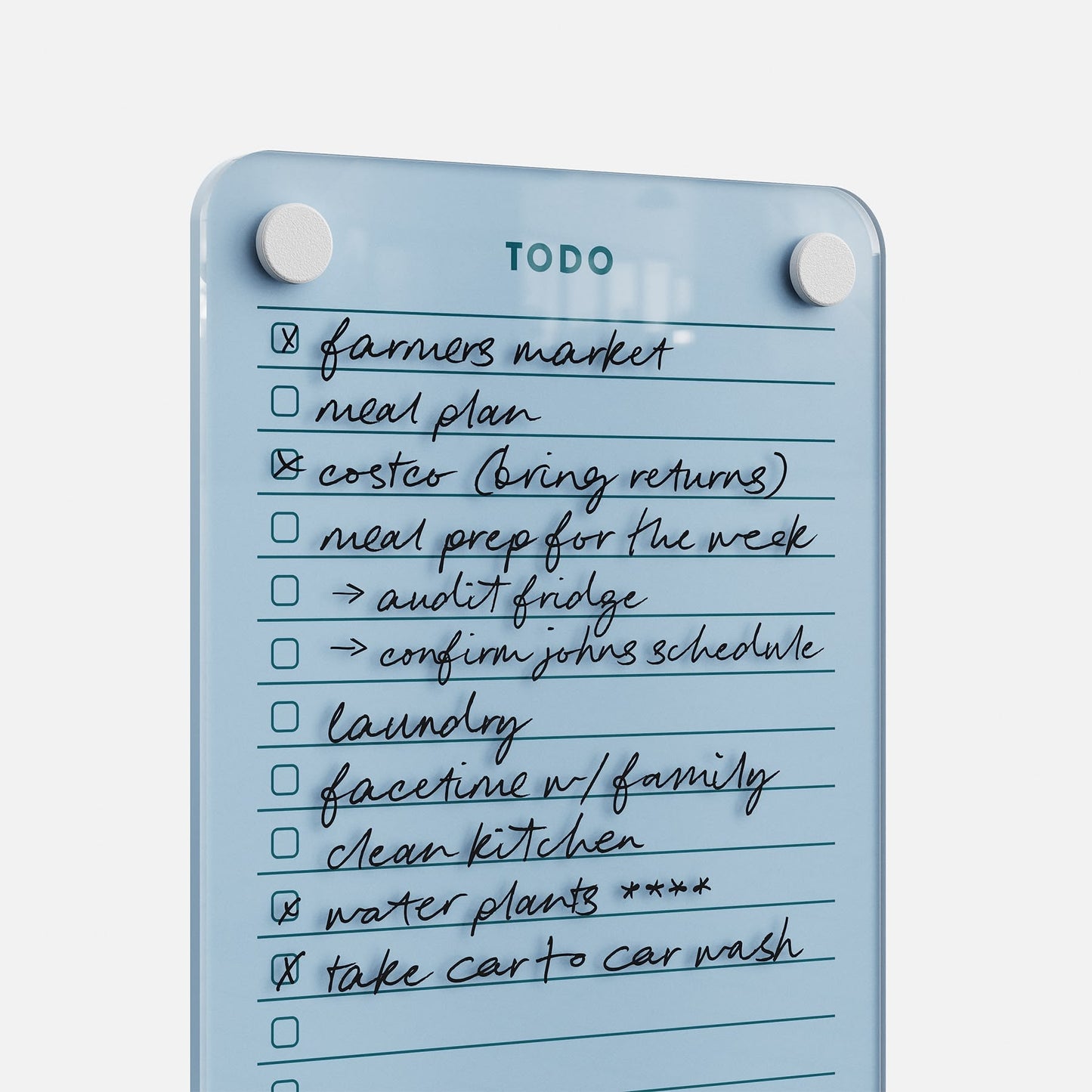The Todo List 59 is a clear glass to-do board with "TODO" at the top, featuring handwritten tasks like farmers market, meal plan, bring returns, and laundry—ideal for daily organization and efficient task management.