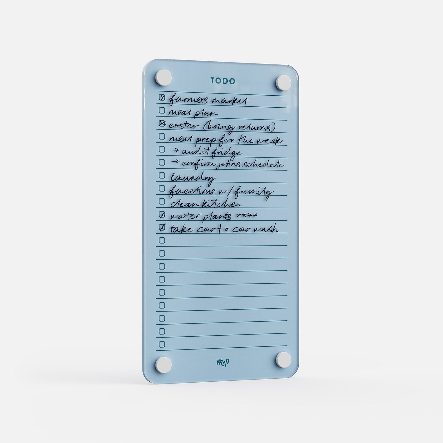 Todo List 59 is a blue to-do board featuring 10 handwritten tasks like farmers market, new plan, laundry, clean kitchen, and car wash. Some tasks are checked off and four white magnets hold this daily organizer in place.