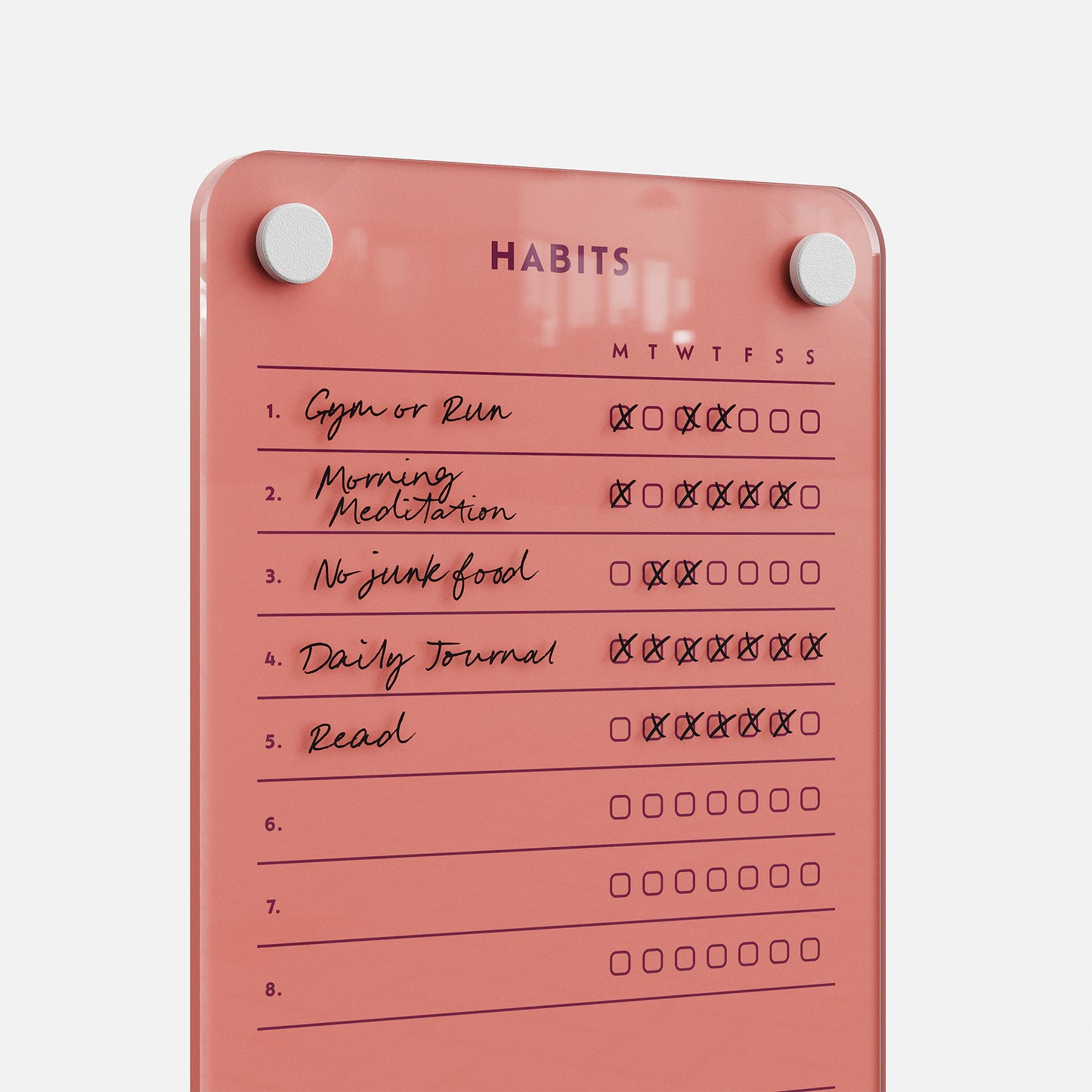 The Weekly Habits 59 board helps you track daily routines like Gym/Run, Morning Meditation, No Junk Food, Journaling, and Reading. Handwritten entries and checkboxes let you monitor your progress over seven days—stay motivated every week!.