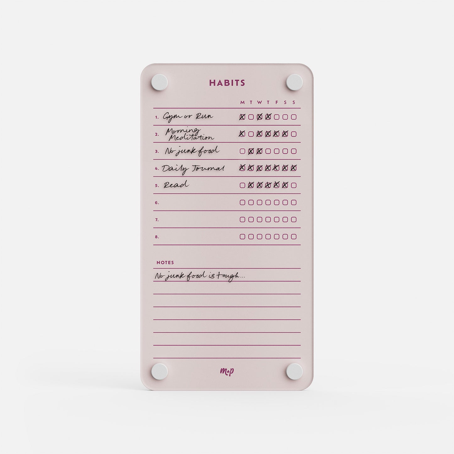 The premium acrylic erasable, reusable Weekly Habits 59 tracker in pink tracks daily goals and progress with easy check-off sections.