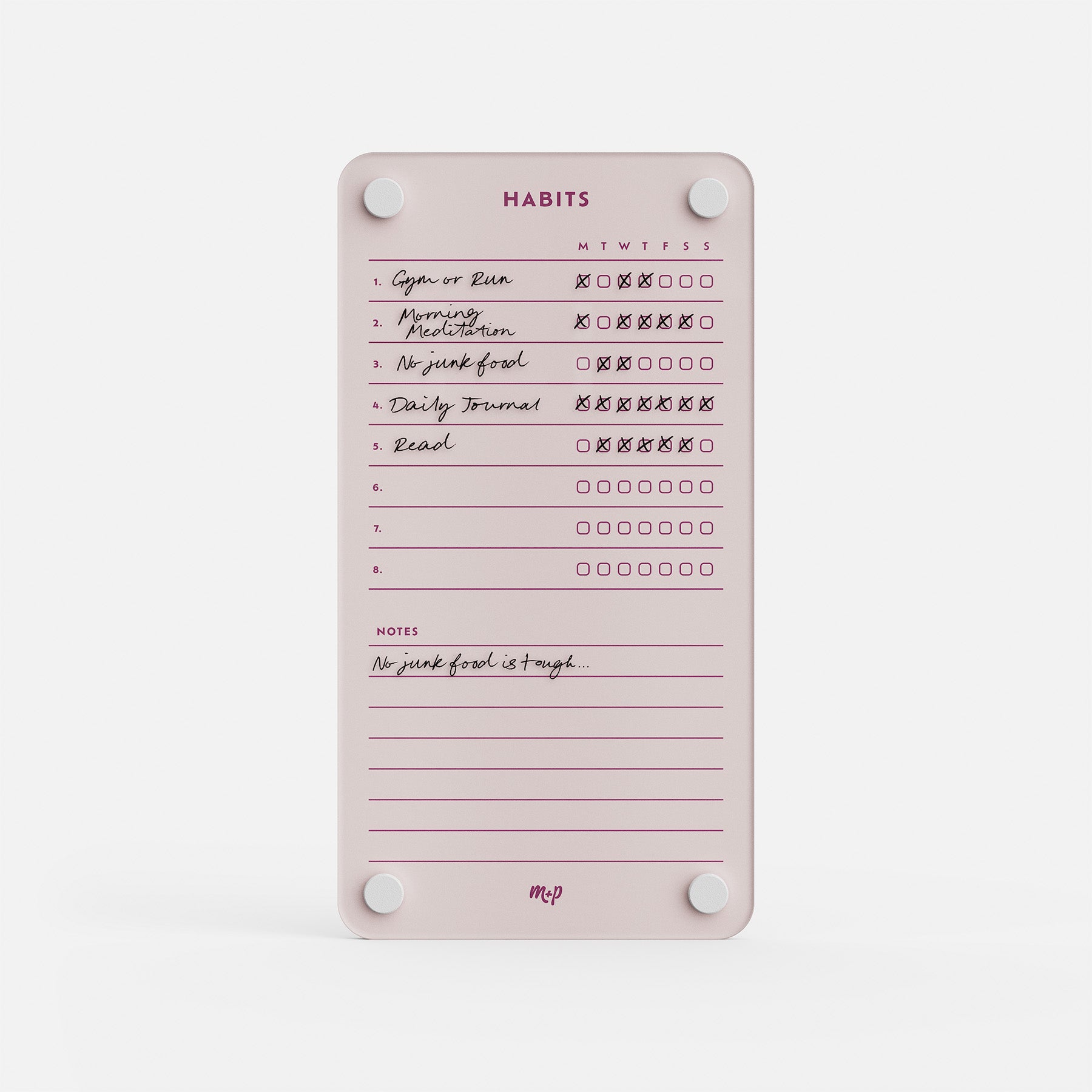 The premium acrylic erasable, reusable Weekly Habits 59 tracker in pink tracks daily goals and progress with easy check-off sections.