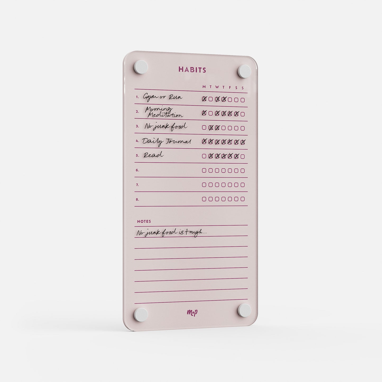 This premium acrylic erasable pink habit tracker includes handwritten prompts and checkbox columns, all reusable week to week.