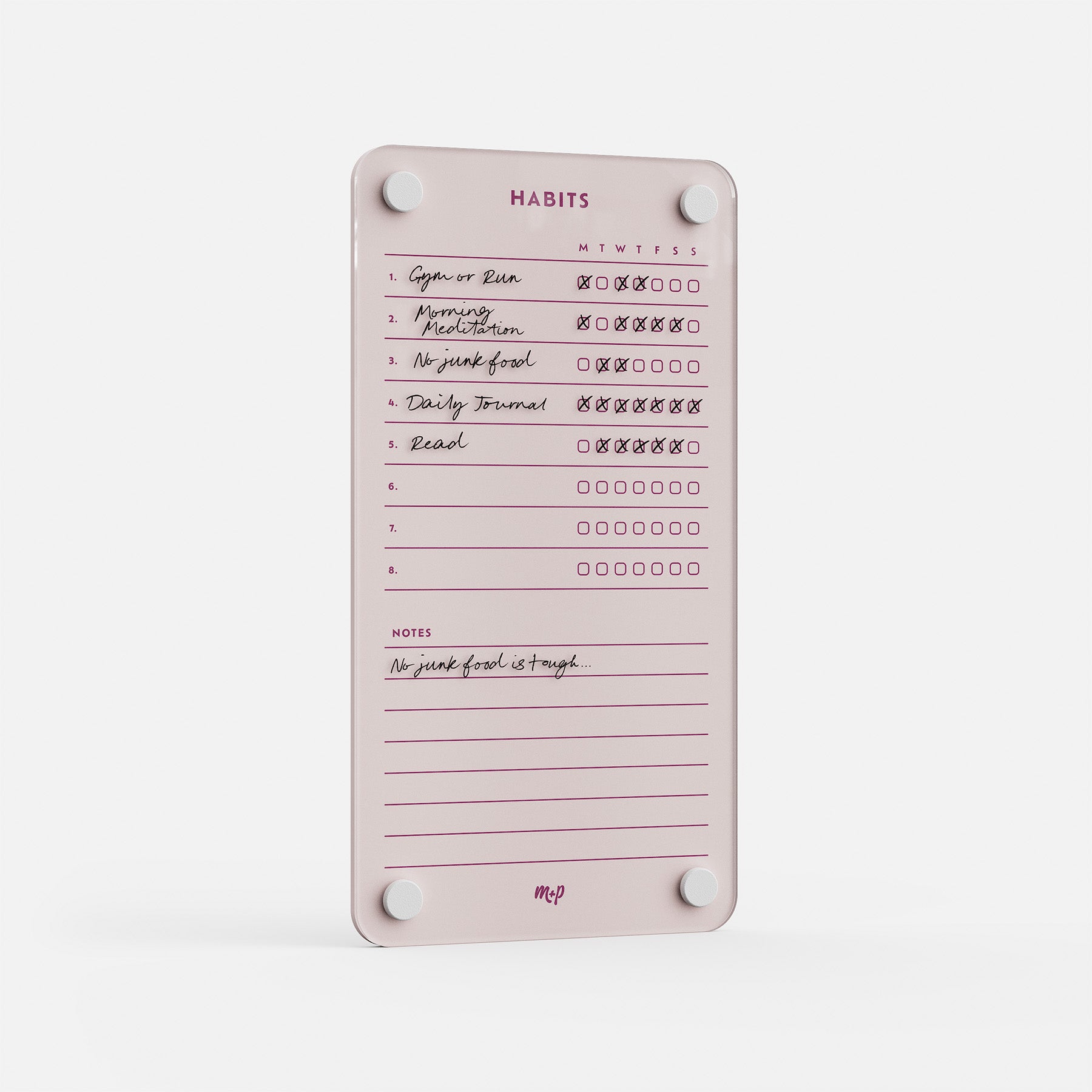 This premium acrylic erasable pink habit tracker includes handwritten prompts and checkbox columns, all reusable week to week.