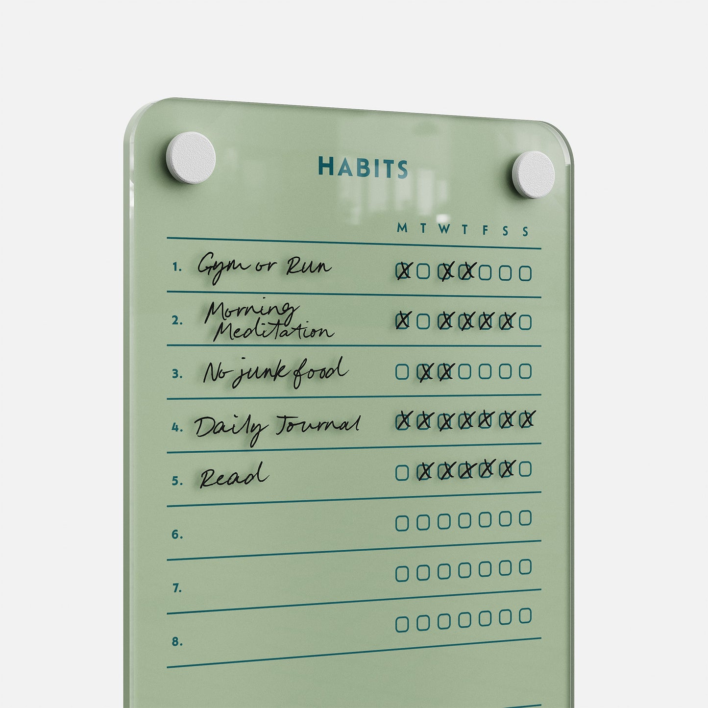Premium acrylic weekly habits board in green for tracking five daily goals, with erasable, reusable checkboxes for progress.