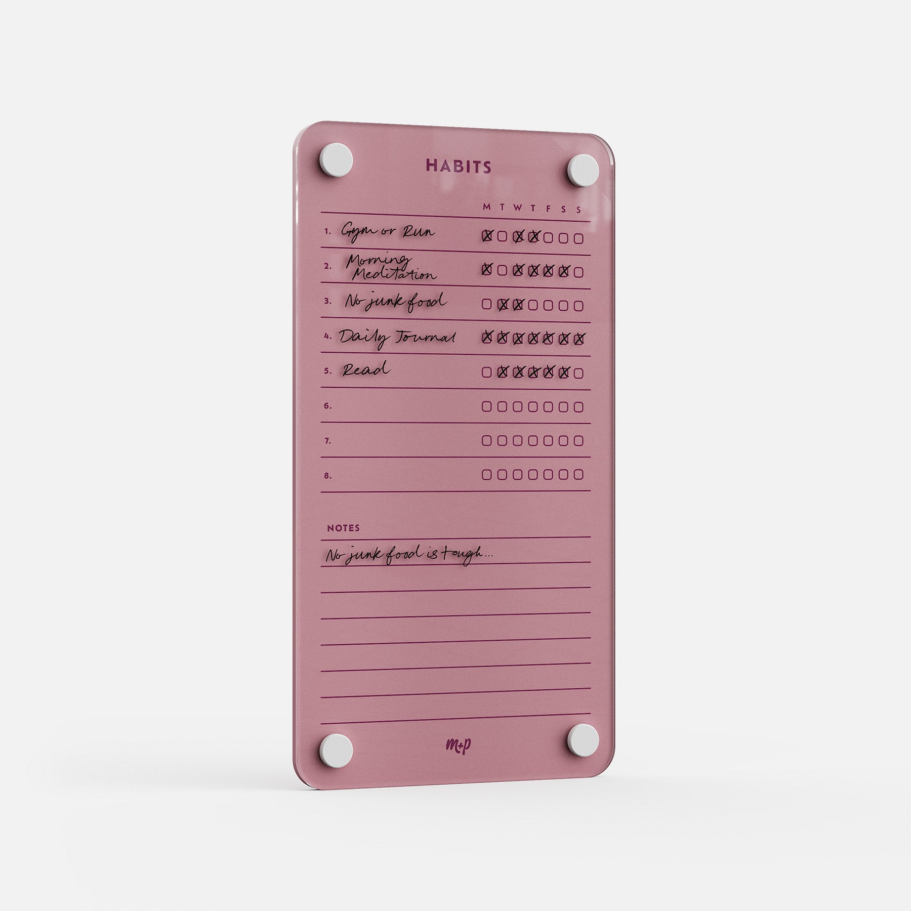Weekly Habits 59: A pink habit tracker with checkboxes for Gym or Run, Morning Meditation, No junk food, Daily Journal, and Read—perfect for your goal board. The notes section reads: "No junk food is tough.