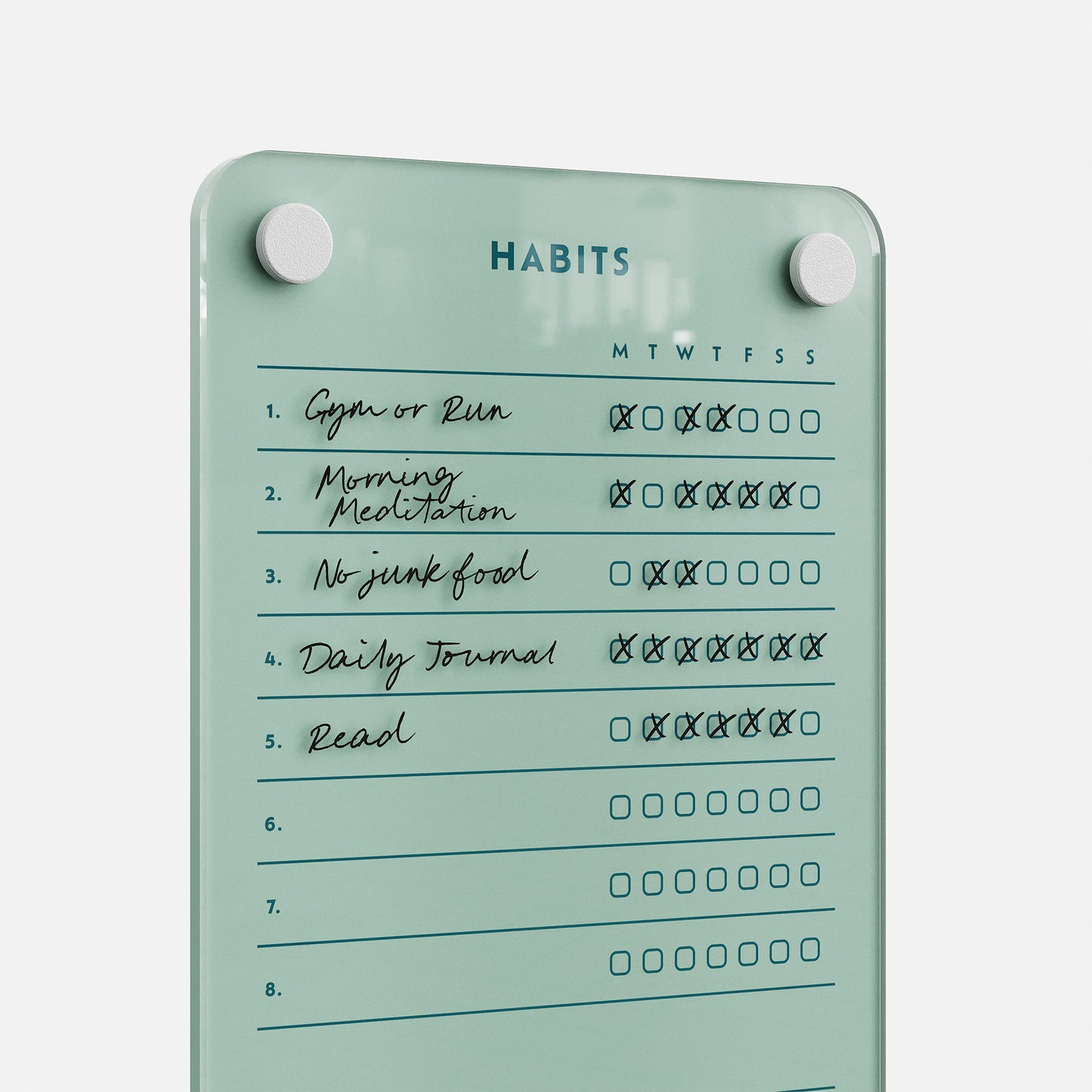 Premium acrylic erasable, reusable habits board tracks five daily goals; all but "Read" are confidently checked off this week.
