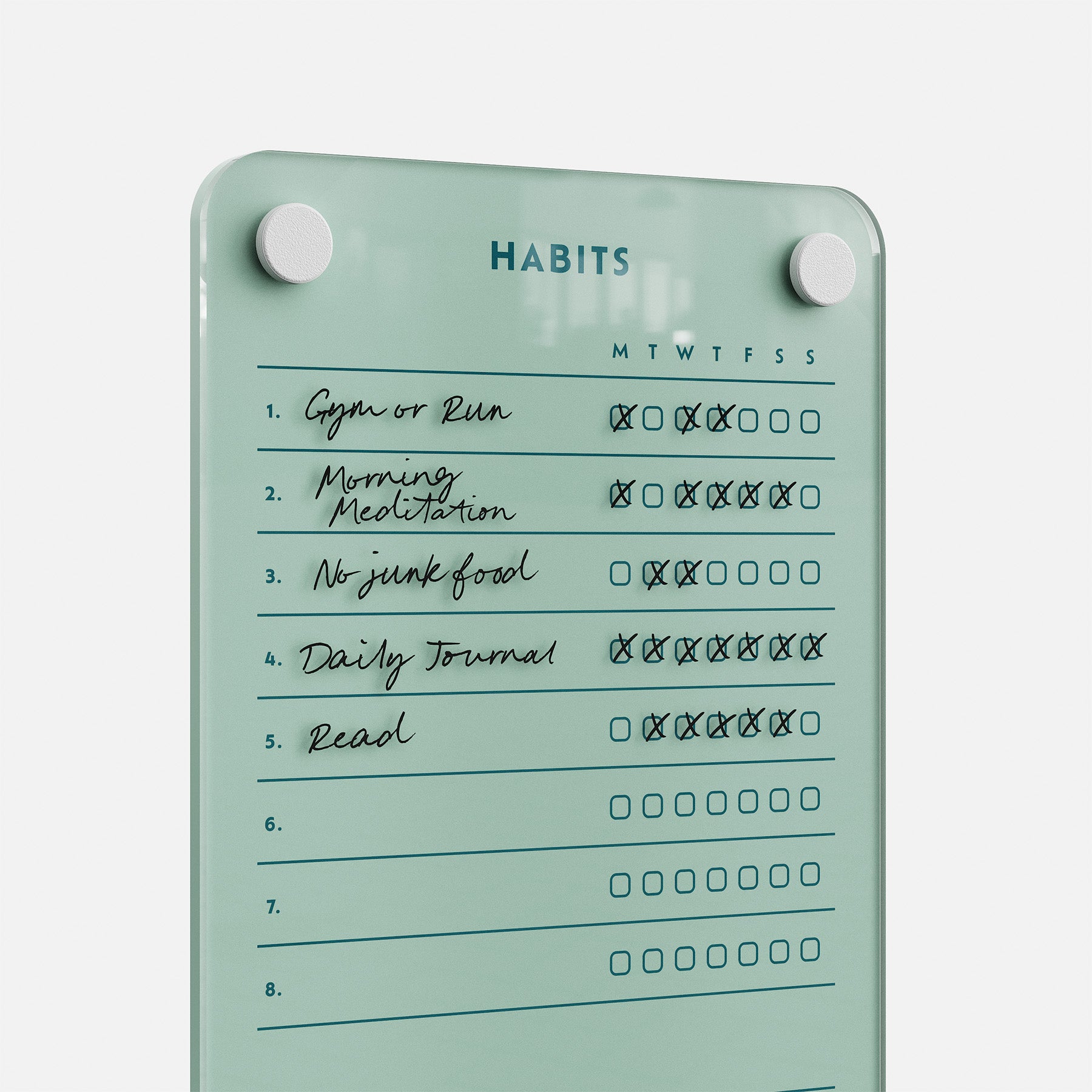 Premium acrylic erasable, reusable habits board tracks five daily goals; all but "Read" are confidently checked off this week.
