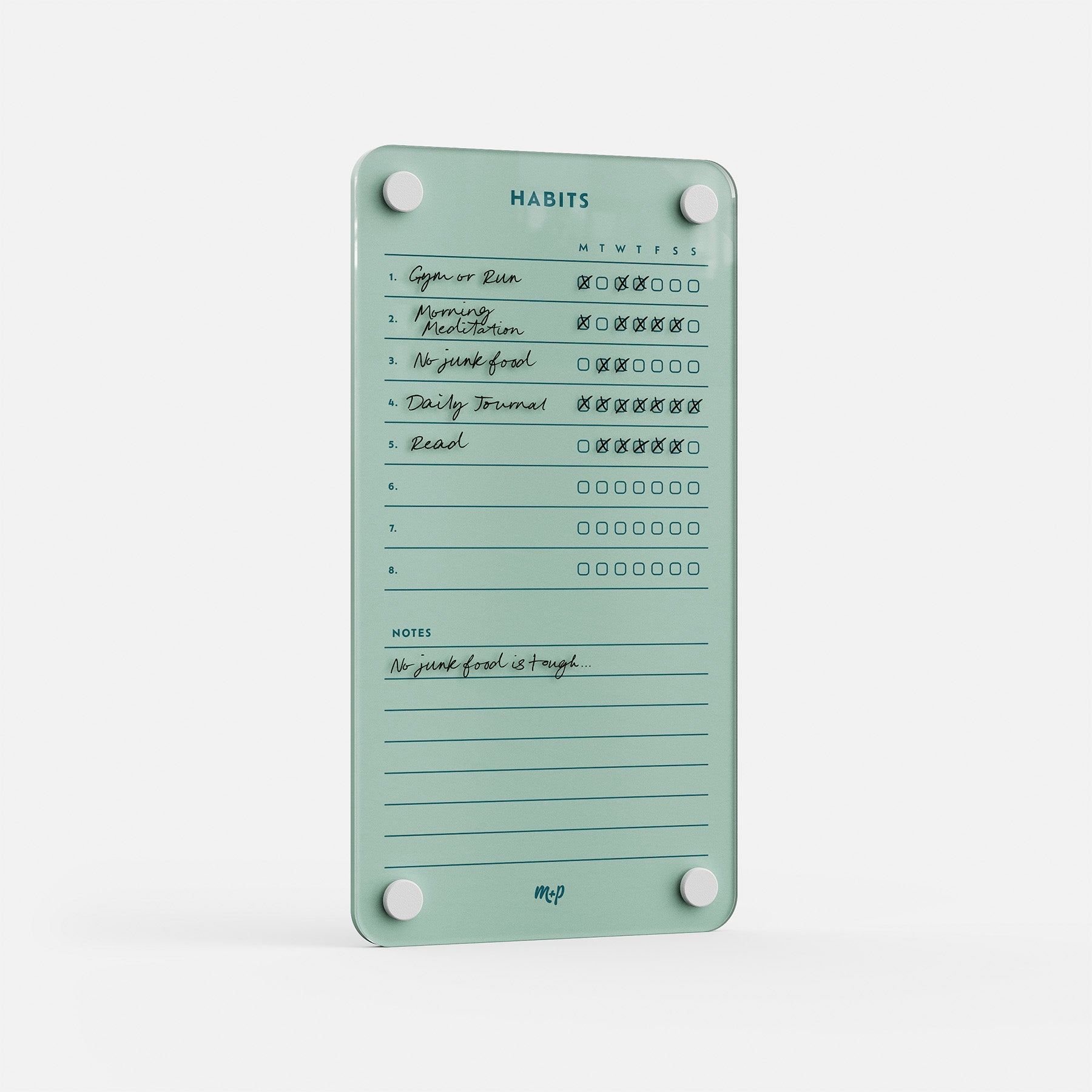 Premium mint green acrylic erasable weekly habit tracker board with handwritten goals; reusable and easy to update notes.