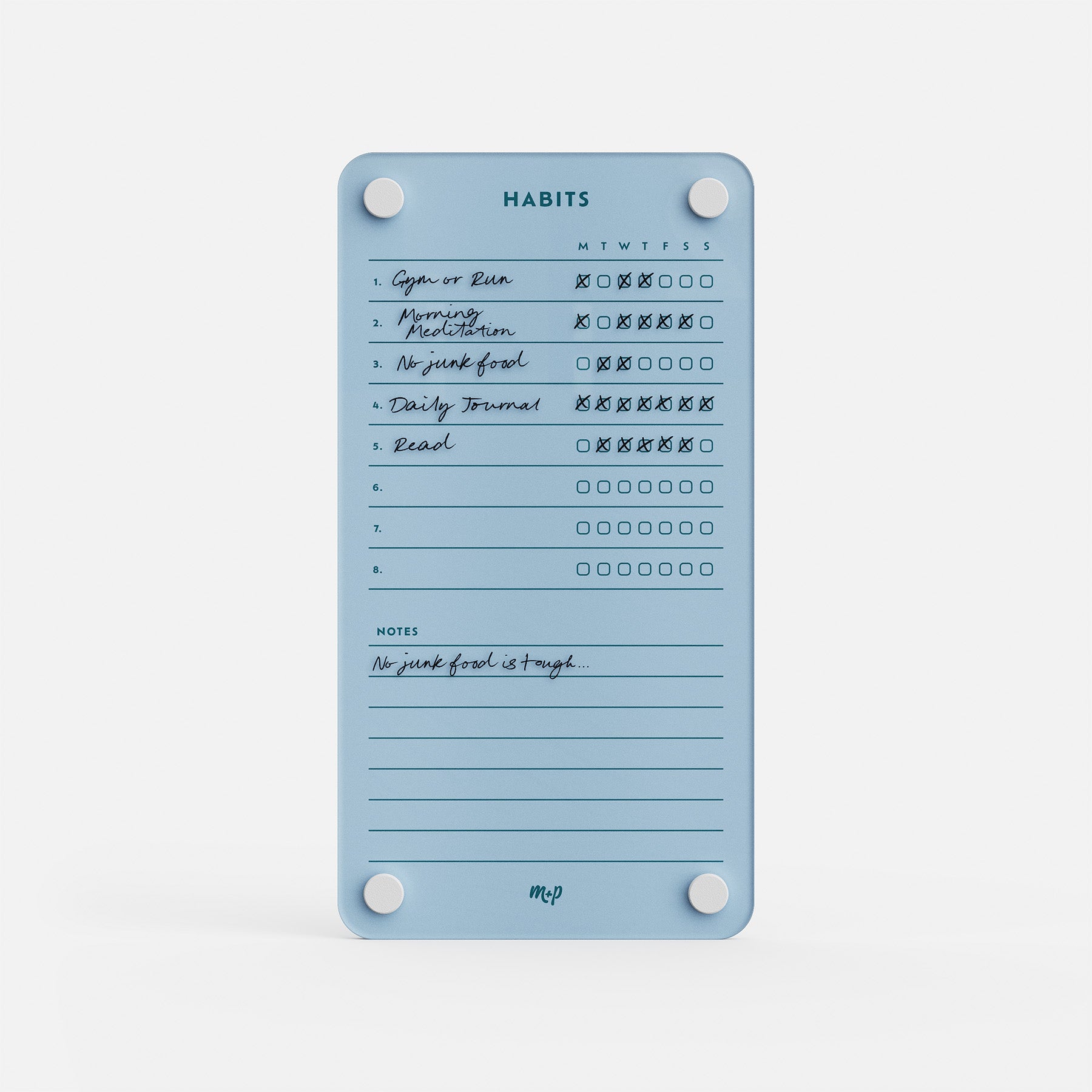 The Monkey and Pebbles Weekly Habits 59 is a premium blue acrylic magnetic habit tracker with erasable, reusable checkboxes for daily goals.