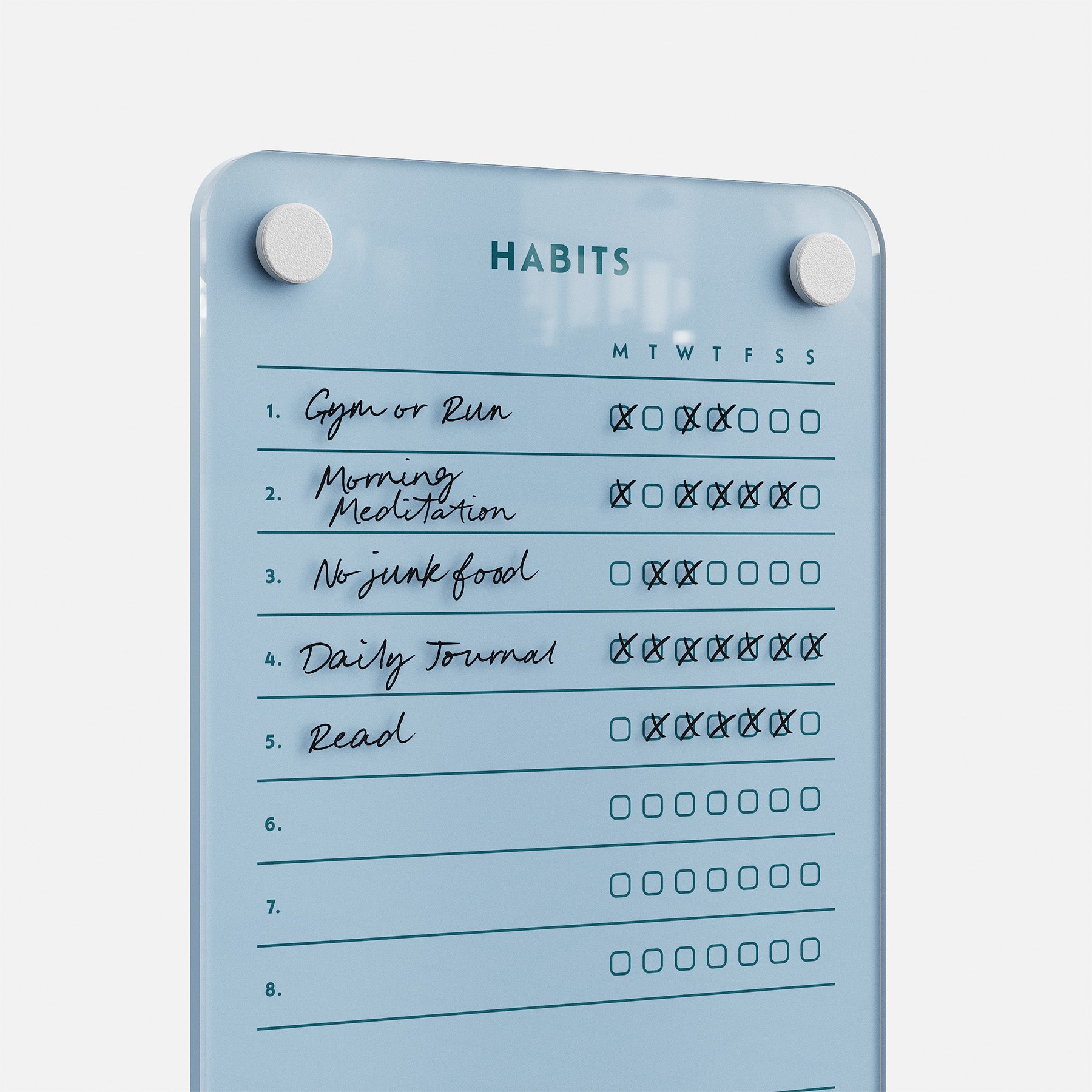 Premium acrylic erasable and reusable habits board in blue with “HABITS” at top, 5 goals tracked, magnets hold the planner.