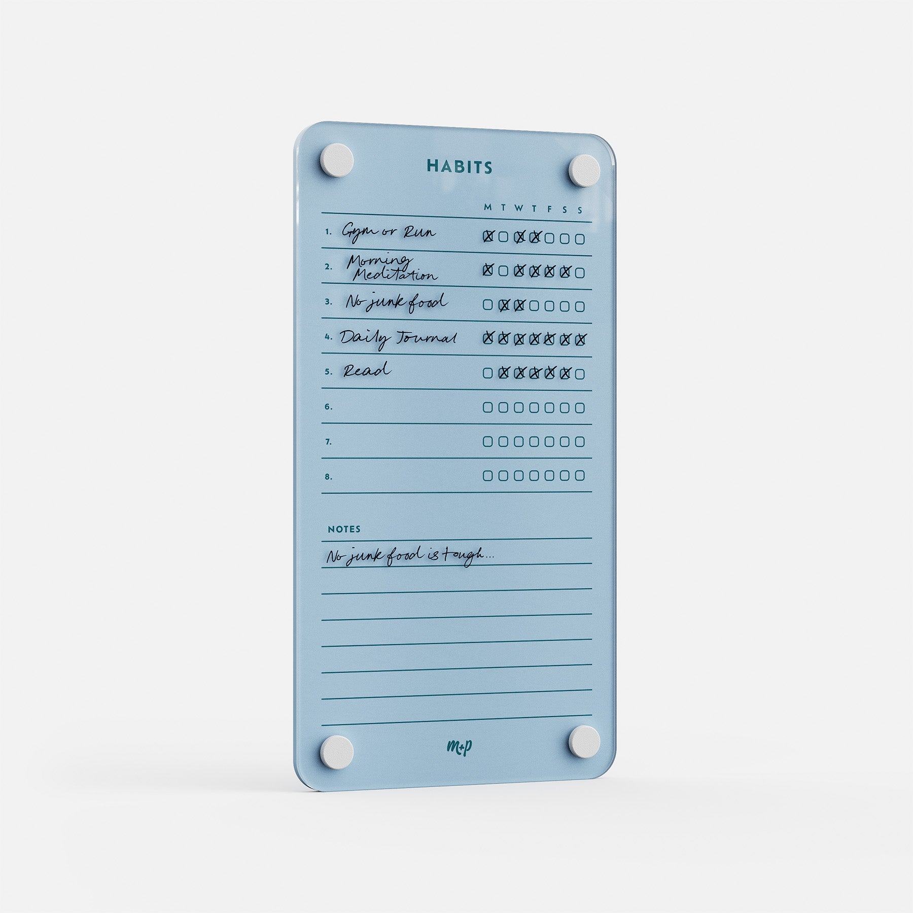 Premium acrylic erasable and reusable Weekly Habits 59 tracker with checkboxes, a notes section, and four white magnets for goals.