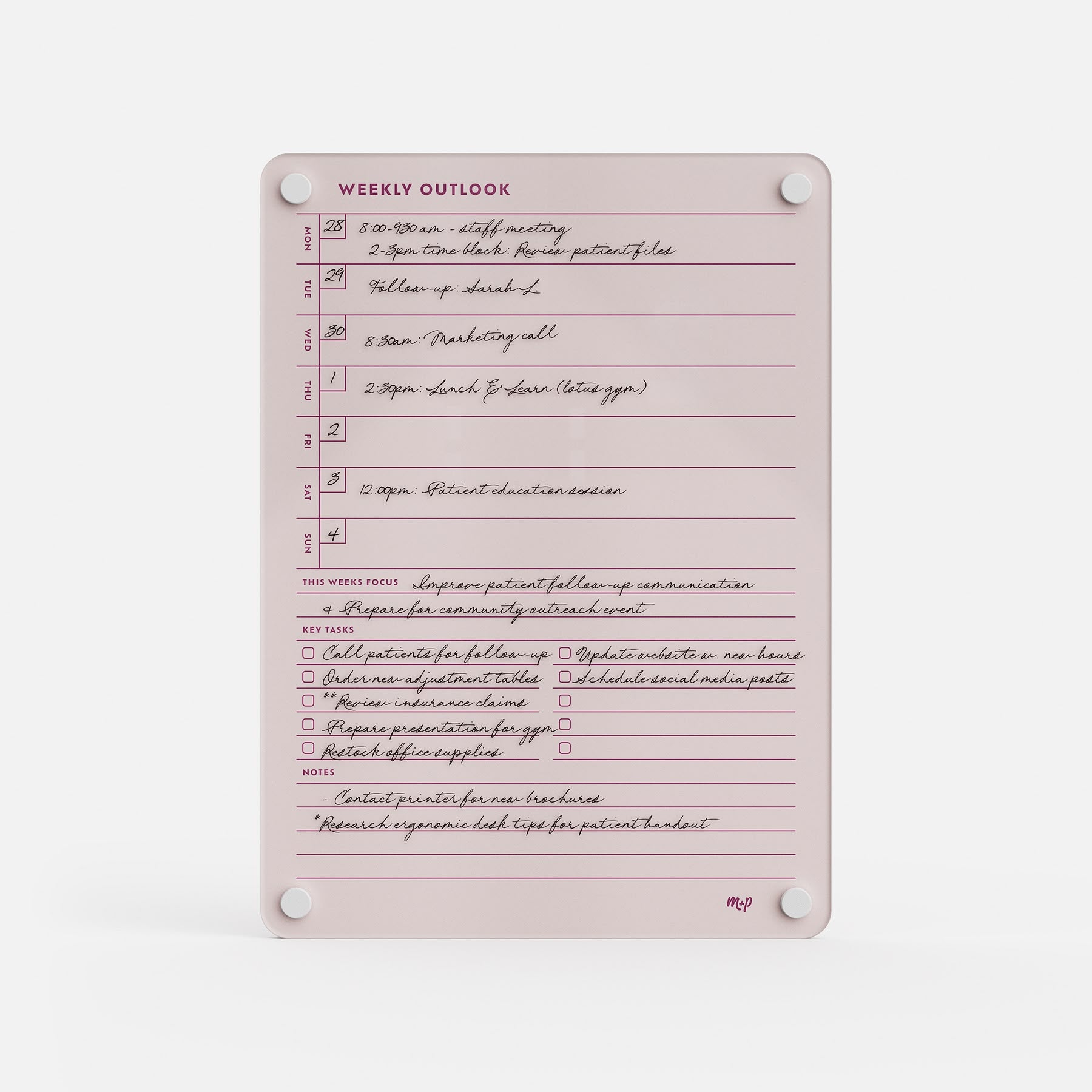 The Weekly Outlook 811 is a pink dry-erase weekly planner and productivity organizer with space for handwritten schedules and priorities. It mounts easily using four round magnets, one at each corner.
