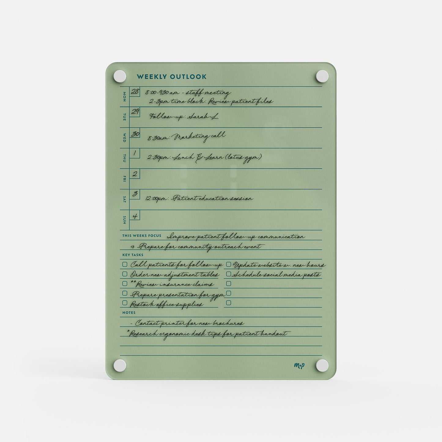 The Weekly Outlook 811 is a green reusable weekly planner board and productivity organizer with black handwritten notes, time slots, tasks, goals, and note sections. It mounts with four corner holes—ideal as a task tracker.