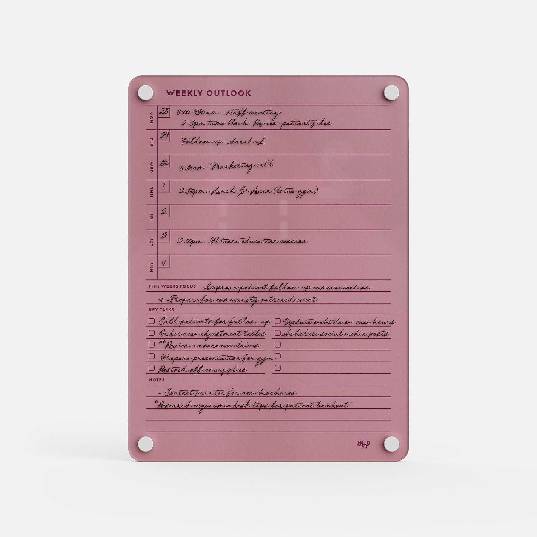The Weekly Outlook 811 is a pink weekly planner board and productivity organizer featuring handwritten notes, time slots, checkboxes, sections for top priorities, key tasks, notes, and four visible corner screws.