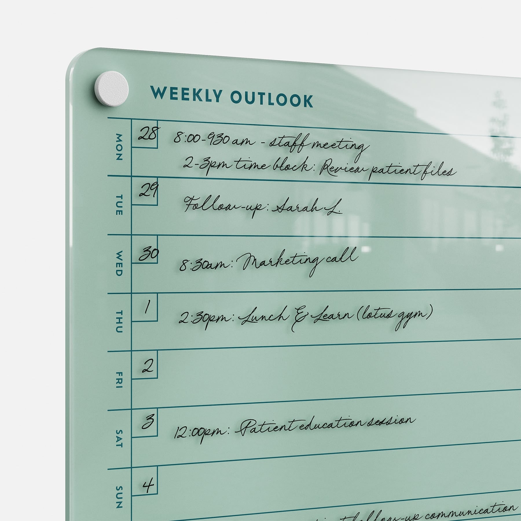 The Weekly Outlook 811 glass dry-erase board helps organize your week by displaying a template for handwritten events like staff meetings, marketing calls, and patient education sessions.