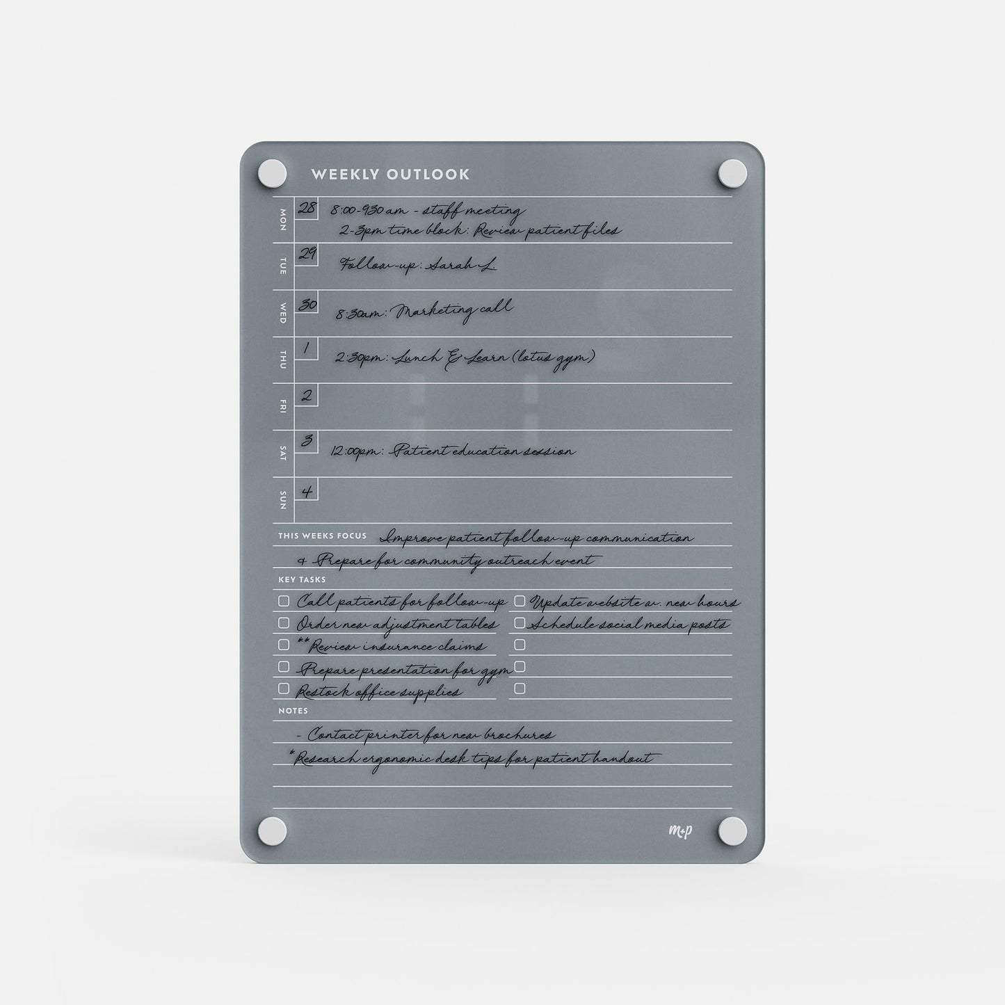 The Weekly Outlook 811 is a gray, reusable weekly planner that organizes your schedule, tasks, and notes in black ink. Four screws secure each corner, making it a stylish productivity tool for managing your week at a glance.