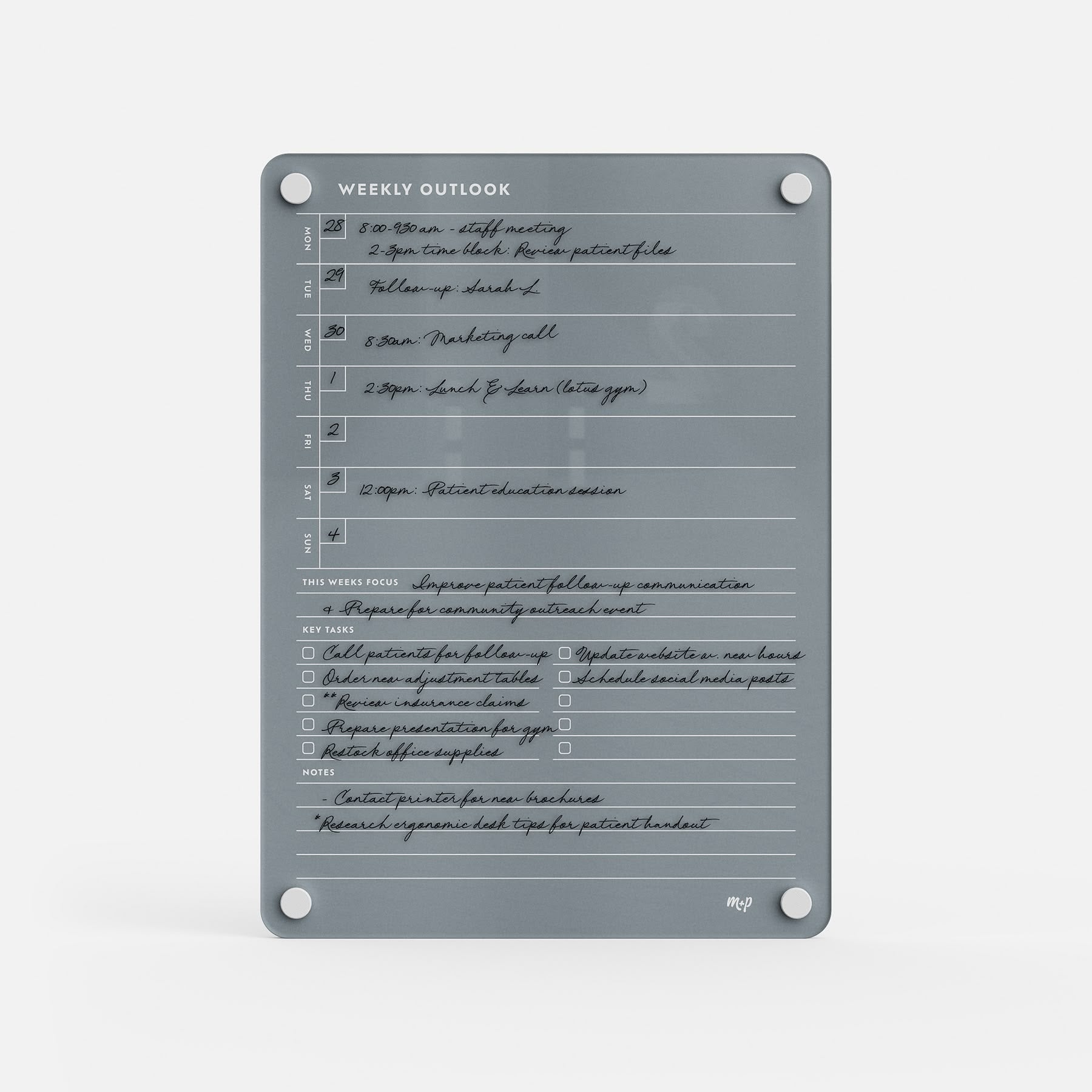 The Weekly Outlook 811 is a gray, reusable weekly planner that organizes your schedule, tasks, and notes in black ink. Four screws secure each corner, making it a stylish productivity tool for managing your week at a glance.