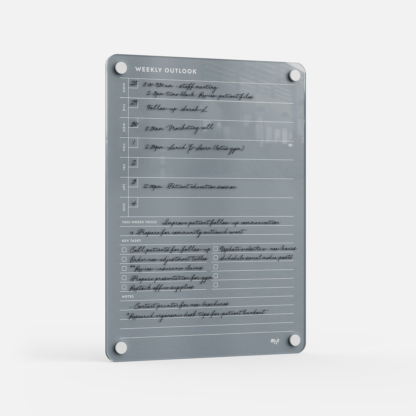 The Weekly Outlook 811 is a clear acrylic dry-erase board that serves as a stylish weekly planner, organizer for tasks and reminders, and can be mounted easily using four corner holes against a white background.