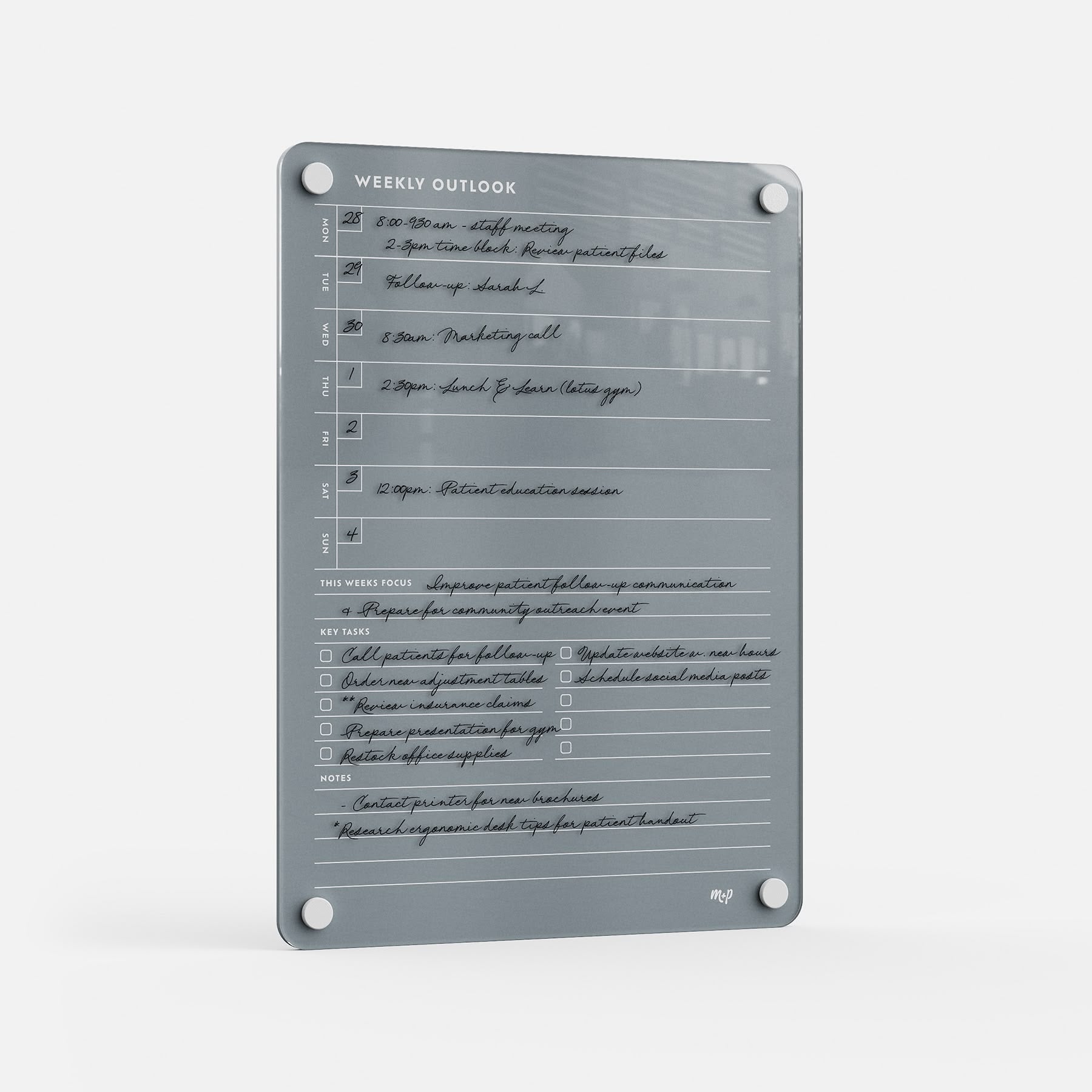 The Weekly Outlook 811 is a clear acrylic dry-erase board that serves as a stylish weekly planner, organizer for tasks and reminders, and can be mounted easily using four corner holes against a white background.