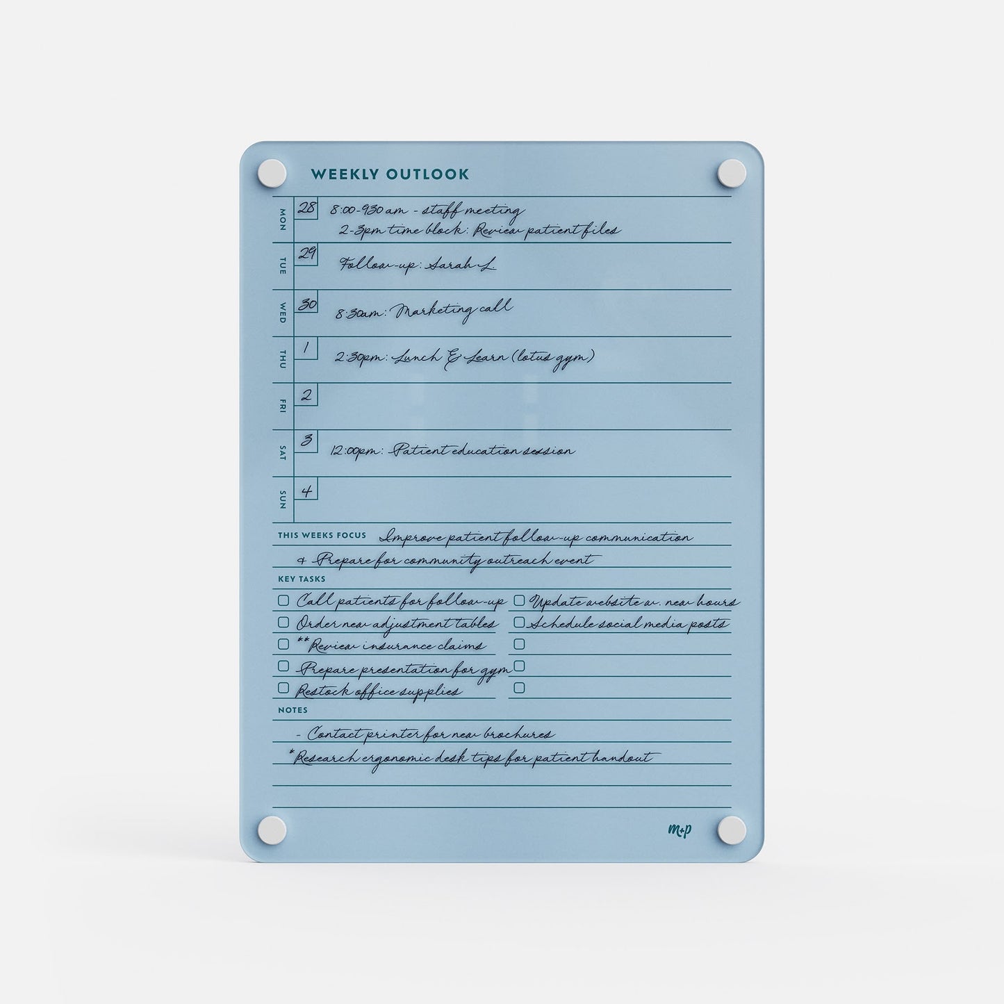 The Weekly Outlook 811 is a blue productivity organizer featuring a handwritten weekly schedule with sections for priorities, tasks, meetings, and notes. Secured at each corner with white fasteners, it keeps your plans organized and visible.