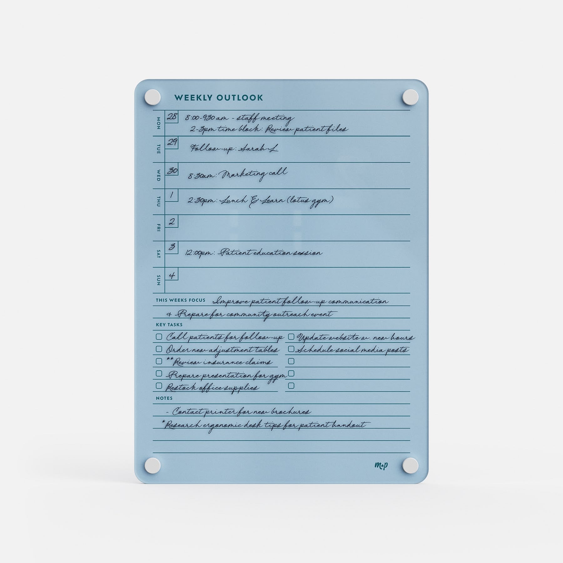 The Weekly Outlook 811 is a blue productivity organizer featuring a handwritten weekly schedule with sections for priorities, tasks, meetings, and notes. Secured at each corner with white fasteners, it keeps your plans organized and visible.