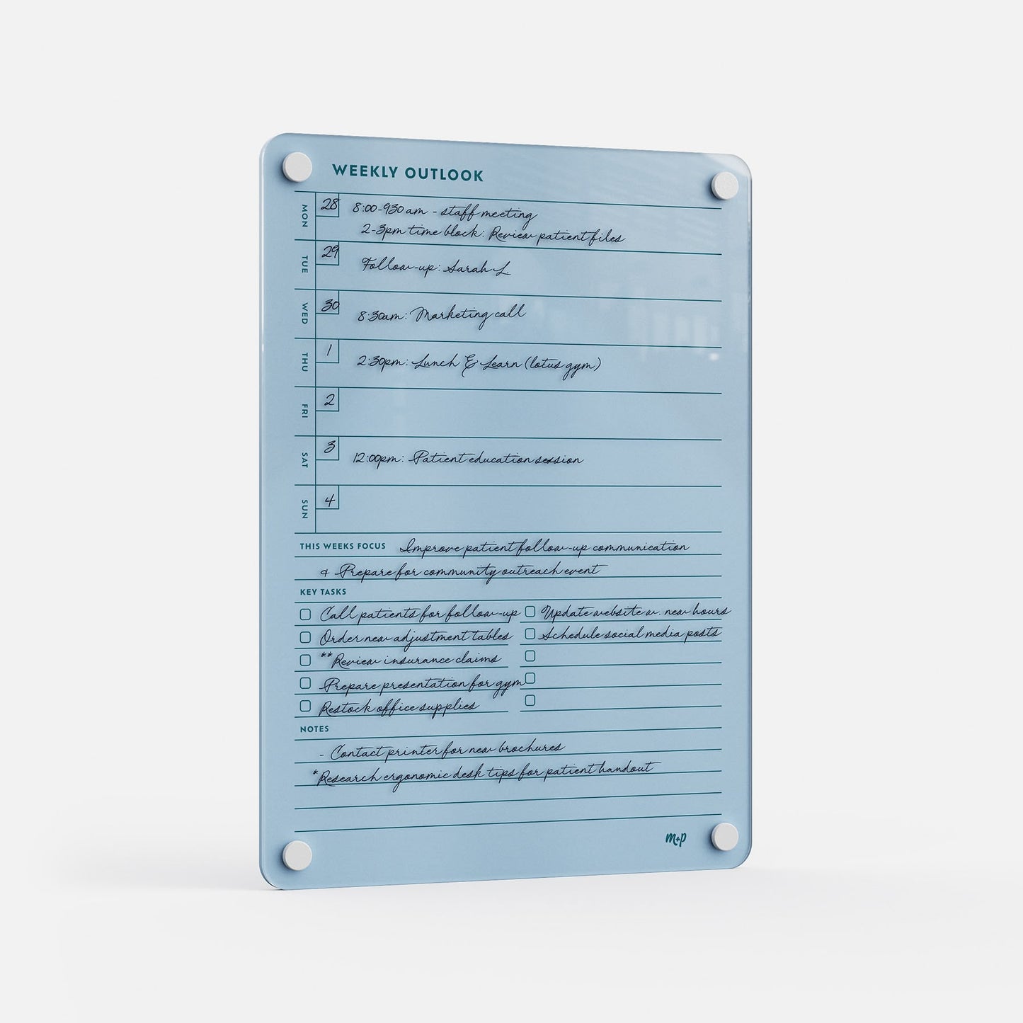 The Weekly Outlook 811 is a blue dry-erase weekly planner board with sections for each day, focus, key tasks, and notes. It has rounded corners and four mounting holes for easy installation anywhere, making it an ideal productivity organizer.