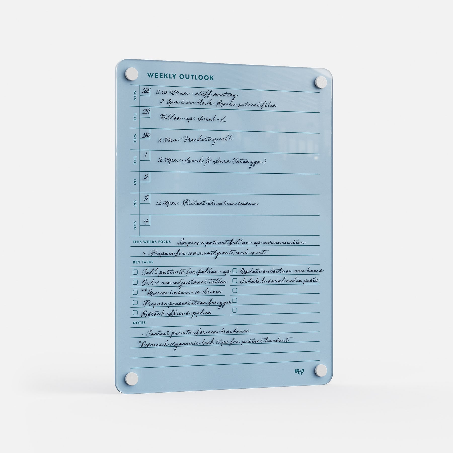 The Weekly Outlook 811 is a blue dry-erase weekly planner board with sections for each day, focus, key tasks, and notes. It has rounded corners and four mounting holes for easy installation anywhere, making it an ideal productivity organizer.